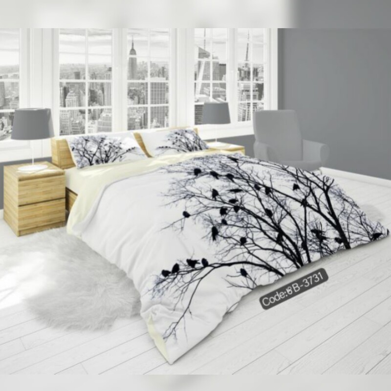 روتختی دونفره طرح درخت و گنجشک با  رنگهای سفید و کرم مناسب تخت با عرض160 