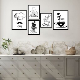 تابلو دکوراتیو فانتزی طرح آشپزخانه وتکست مشکی با زمینه سفید پنج تکه