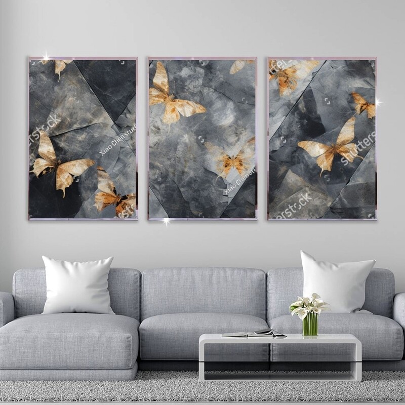 تابلو دکوراتیو فانتزی پروانه های طلایی وزمینه خاکستری سه تکه 
