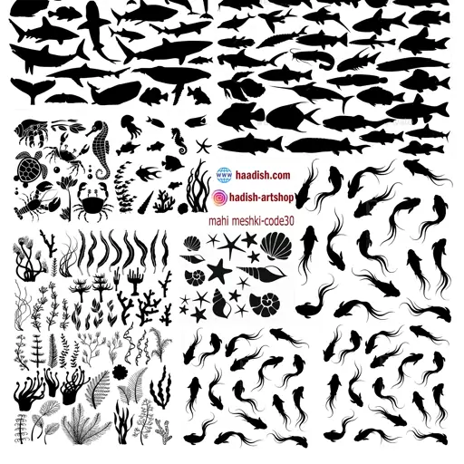 ترنسفر طلقی شفاف کد 30 طرح ماهی مشکی سایز a4 مناسب کارهای رزینی سایز اشکال 0.5 الی 2.5 سانتی متری