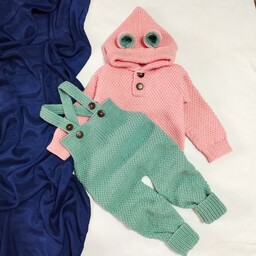 لباس نوزادی بافتنی - سرهمی - لباس کودک - ژاکت خرسی - شلوار پیشبندی