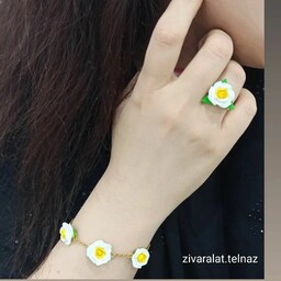 دستبند و انگشتر گل برجسته رز سفید زرد