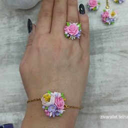 دستبند و انگشتر گل برجسته  جنس خمیر ایتالیایی نشکن ،اتصالات دستبند رنگ ثابت 