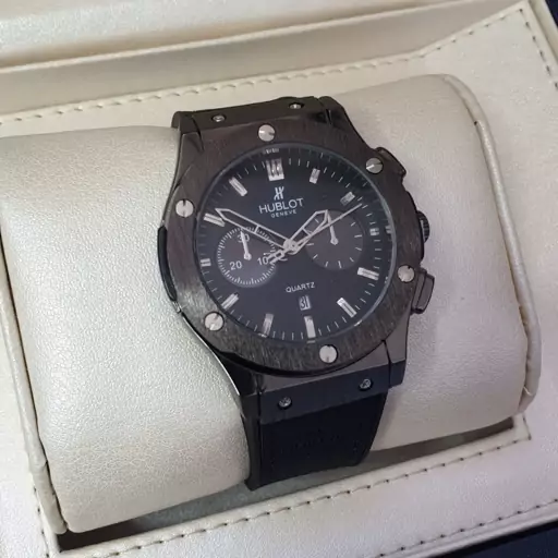 ساعت مچی مردانه هابلوت بند رابر مشکی  قاب استیل صفحه  مشکی HUBLOT 