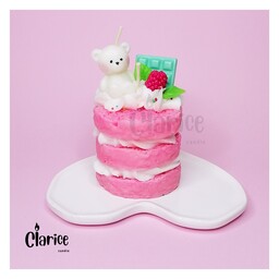 شمع فانتزی دستساز صورتی مدل  کیک لایه ای  با خرسی و شکلات، هدیه تولد ،گیفت تولد