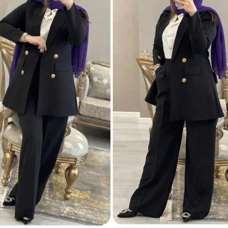 پریناز ست کت شلوار مانتو شلوار کرپ مازراتی رنگ مشکی و کرم از سایز 42 تا 48