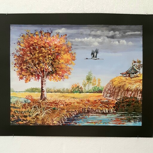 پاییز  تابلوی نقاشی با تکنیک ابرنگ و گواش