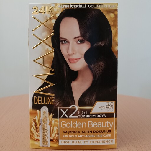 کیت رنگ مو Maxx Deluxe سری Golden Beauty شماره 3.0 پایه رنگ قهوه ای تیره