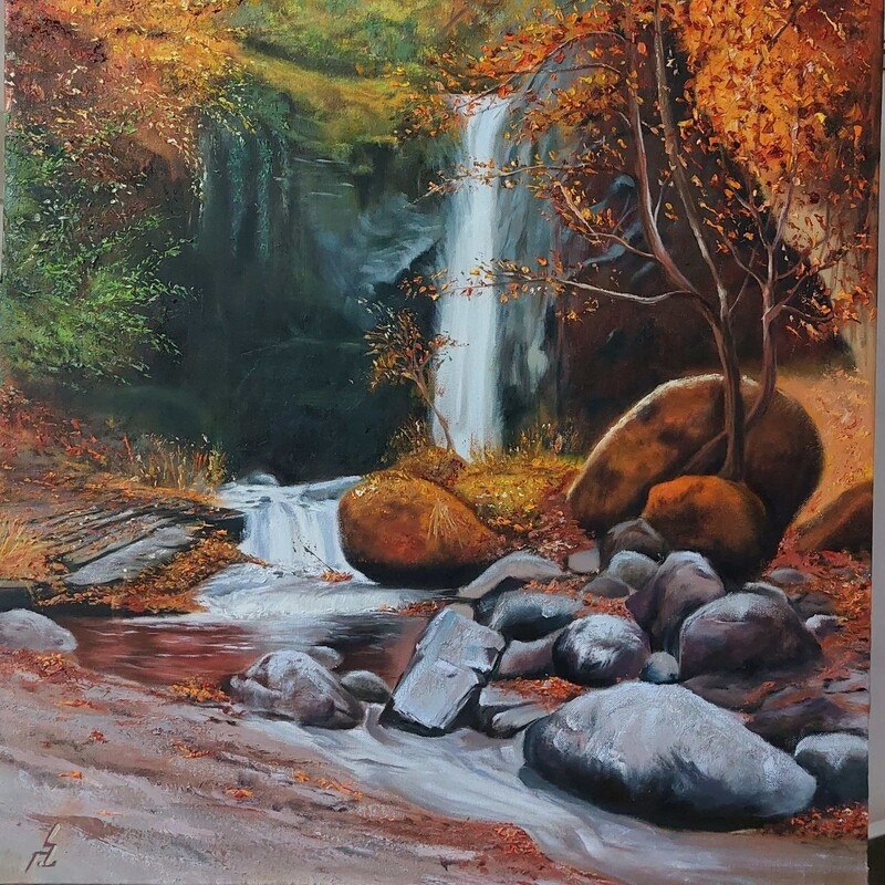 تابلو نقاشی رنگ روغن منظره  آبشار در پاییز