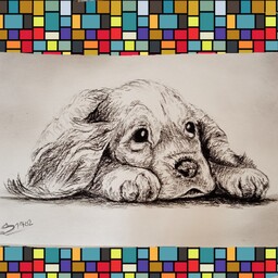 نقاشی سیاه قلم سگ با قاب