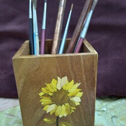 جای قلم و خودکار چوبی رومیزی، ظریف نگاره گل آفتابگردون