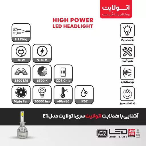 لامپ هدلایت LED اتولایت مدل E1 پایه H1 بسته 2 عددی