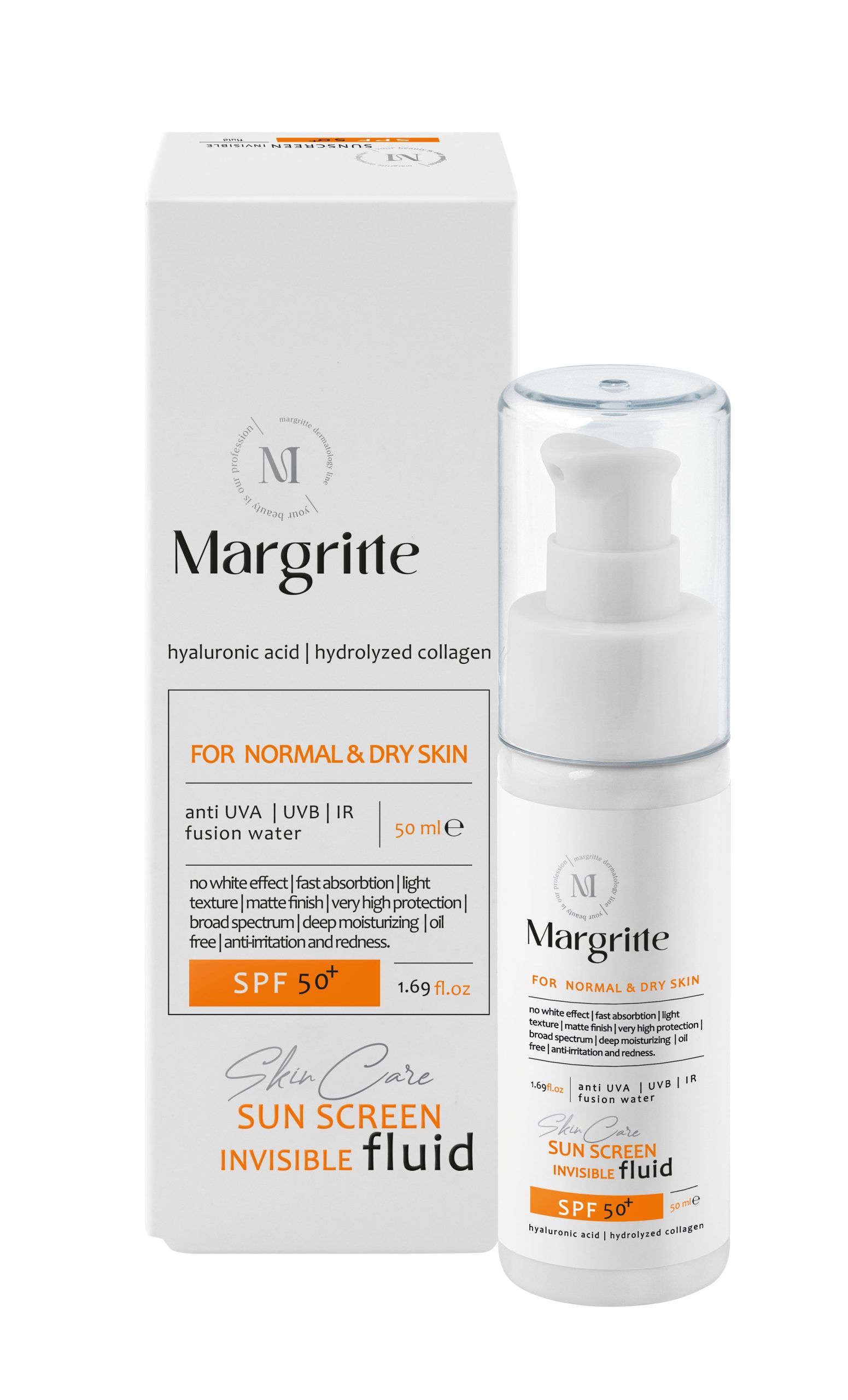 فلوئید ضد آفتاب ساده حجم 50 میلی لیتر SPF50+ مارگریت پوست خشک