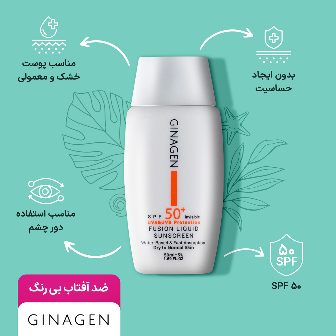 کرم ضد آفتاب بی رنگ پوست خشک و معمولی ژیناژن حجم 50 میل