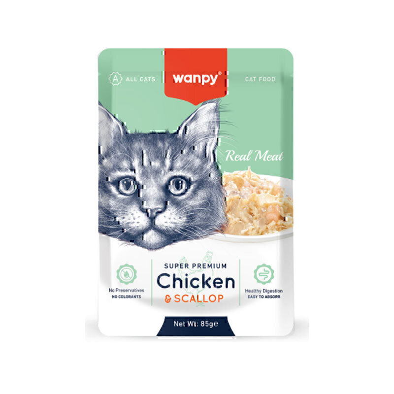 پوچ گربه ونپی با طعم مرغ و صدف اسکالوپ Wanpy super premium chicken & scallop وزن 85 گرم