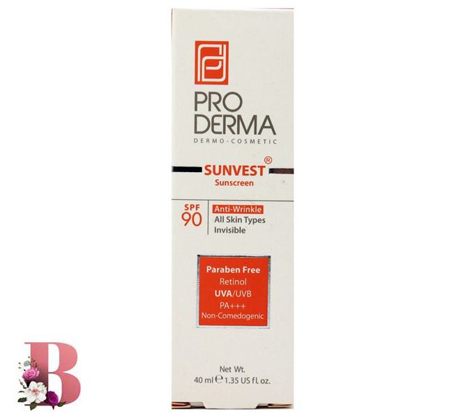 کرم ضد آفتاب و ضد چروک بی رنگ SPF90 پرودرما 40 میلی لیتر | ProDerma Sunvest Anti Wrinkle Sunscreen SPF90 All Skin 40ml