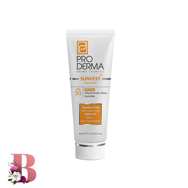 کرم ضد آفتاب بی رنگ پرودرما SPF50 مناسب پوست چرب و جوش دار حجم 40 میلی لیتر | Proderma Oil Free Sunvest Sunscreen SPF50
