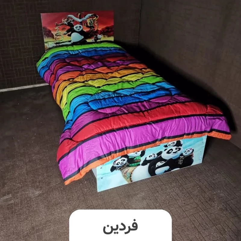 تخت خواب یک نفره (عرض 90) مدل پاندای کنگ فو کار - رنگبندی 20 عددی