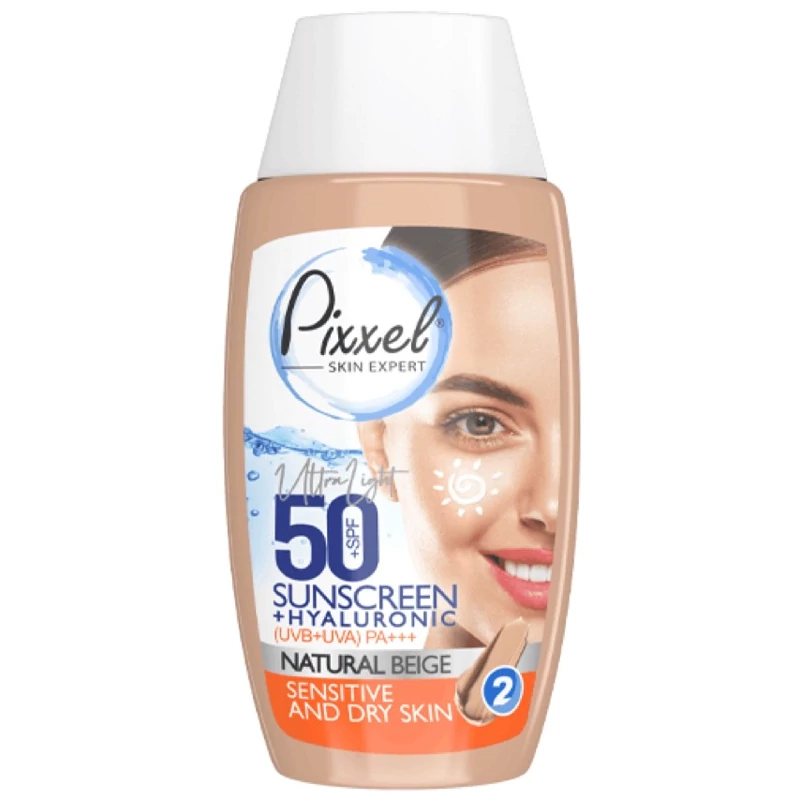 کرم ضدآفتاب پیکسل - رنگ بژ طبیعی-  مناسب پوست خشک و نرمال - SPF50 - حاوی هیالورونیک اسید - آبرسانی بالا