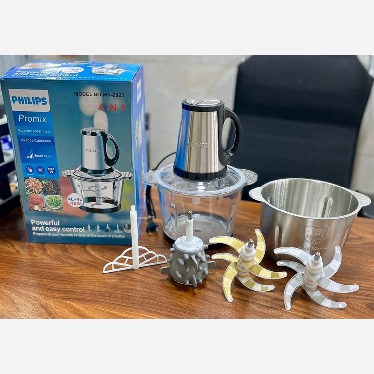 خردکن دو کاسه فیلیپس- 4+4لیتری-6+6 تیغه تیتانیوم طلایی همراه سیر پوست کن و همزن - 3 کاره