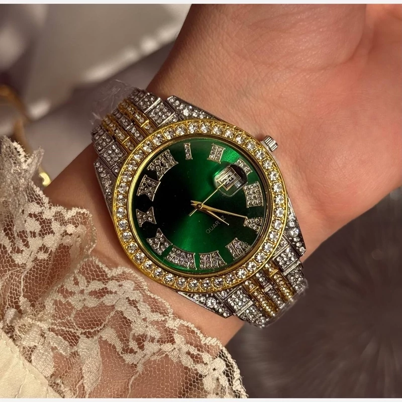 ساعت مچی زنانه رولکس با بند فول نگین طلایی نقره ای رنگ ثابت