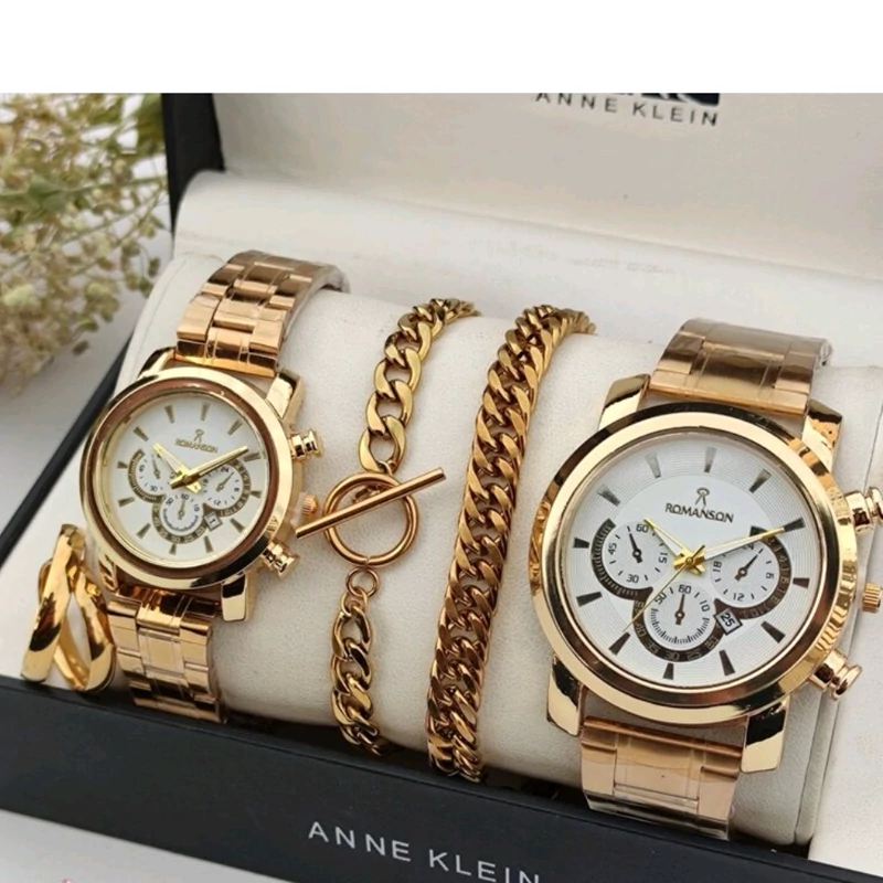 ساعت مچی ست مردانه  زنانه رومانسون طرح سه موتوره همراه دستبند و حلقه انگشتر