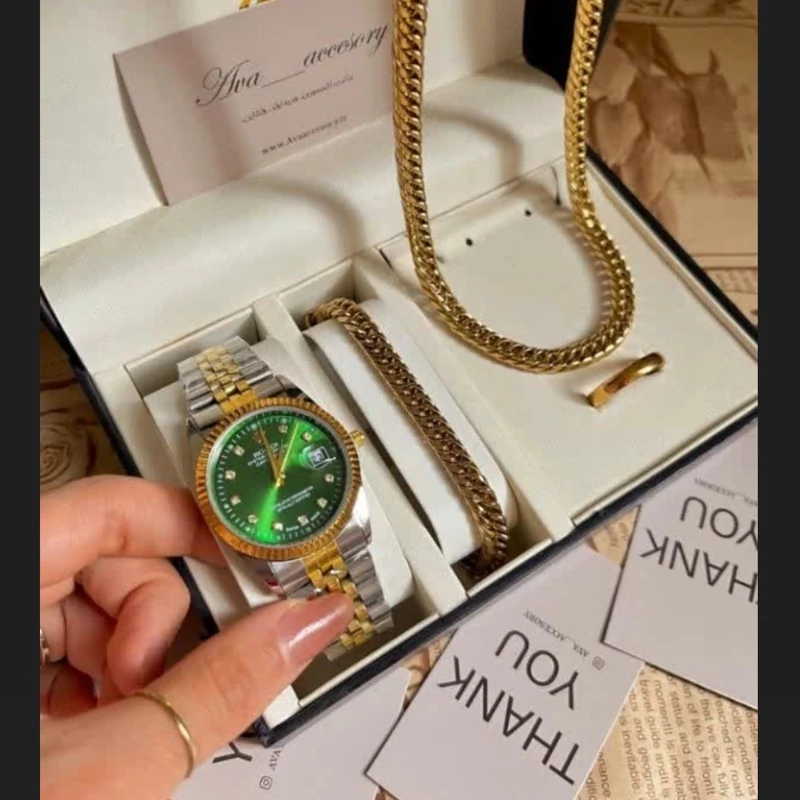 ساعت ست کامل مردانه کامل رولکس rolex استیل همراه دستبند ، گردنبند و حلقه