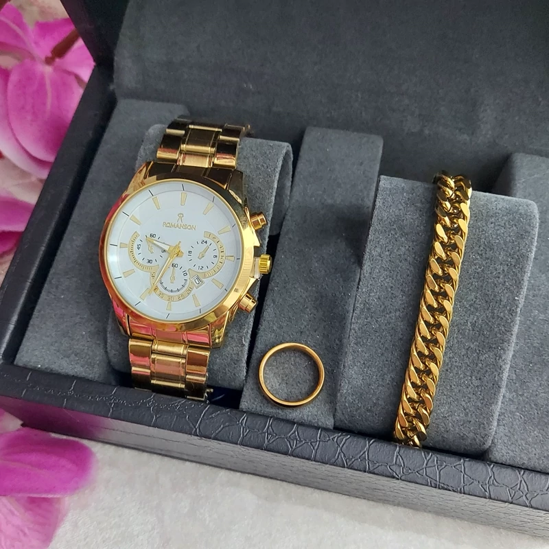 ساعت مچی مردانه رومانسون طرح سه موتوره طلایی همراه دستبند و حلقه انگشتر