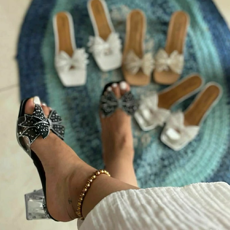 صندل طلقی پاپیونی شیک مشکی و سفید زنانه دخترانه کفش مجلسی پاپیون طلق نگیندار نگینی تابستانی تابستونی پاشنه دار لژدار