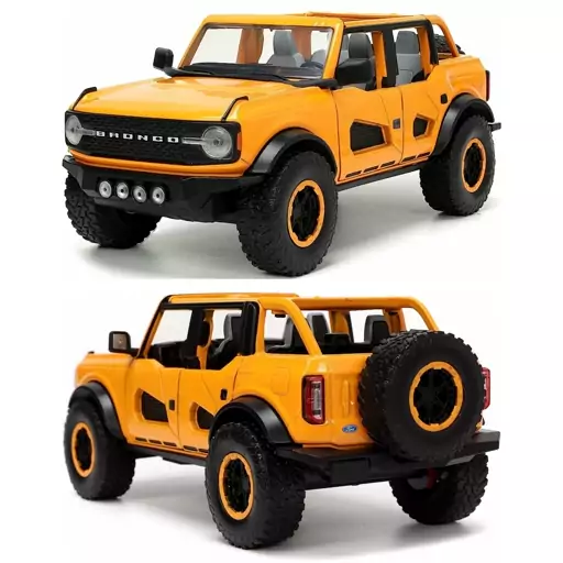 ماکت ماشین - فورد برونکو 2021 - Ford Bronco 2021 - مقیاس 1.24 برند جادا Jada رنگ زرد - فلزی - فول بازشو + تجهیزات اضافی