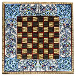 شطرنج خاتم کاری لولادار  مدل گل و مرغ آبی برجسته (گارانتی 120 ماهه)