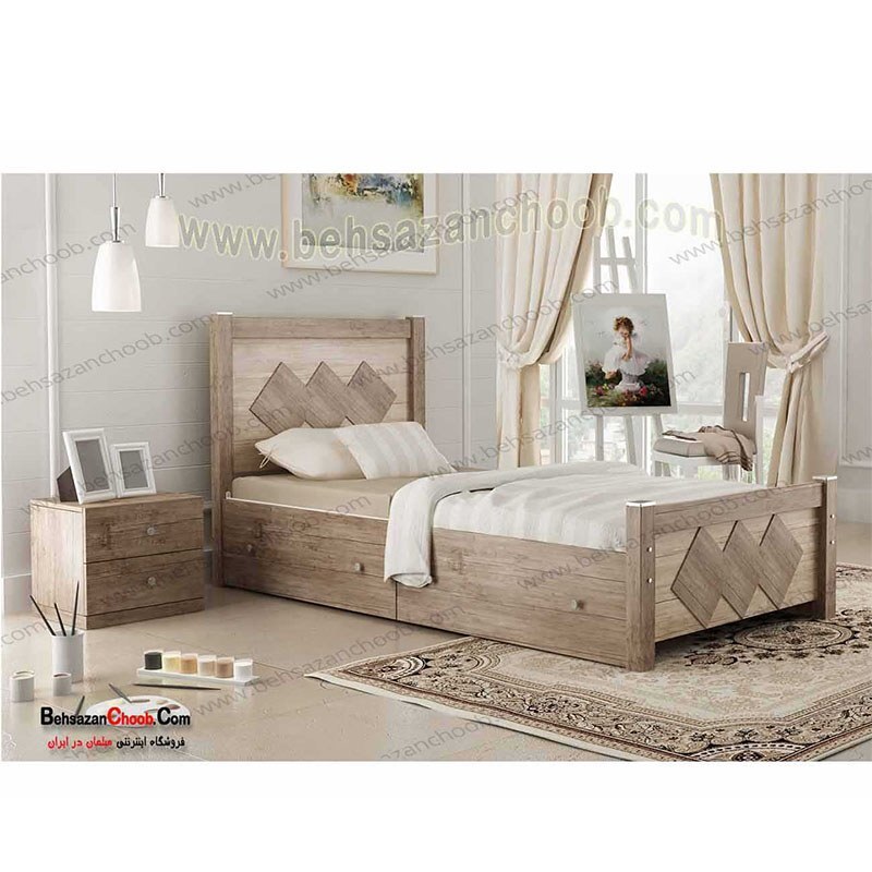 تخت خواب یک نفره چوبی بدون تشک با کشو T 2011