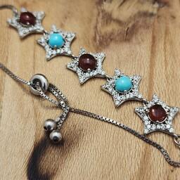 دستبند نقره زیبا زنانه با نگین های فیروزه و عقیق سرخ اصل و معدنی 