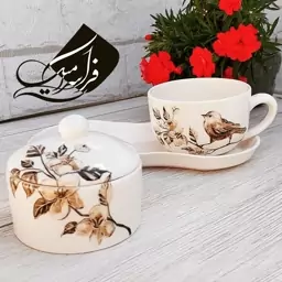 ست تک نفره گل و مرغ آب مرکبی 