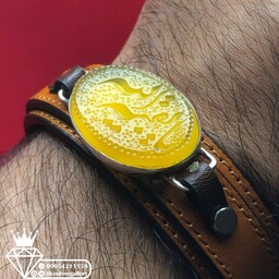 دستبندچرم مردانه عقیق زرد قاب نقره دستساز حکاکی یابقیه الله سنگ وحکاکی قابل تغییر