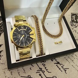 ساعت مردانه طلایی دیزل شاخدار همراه دستبند حلقه گردنبند استیل ارسال رایگان گارانتی