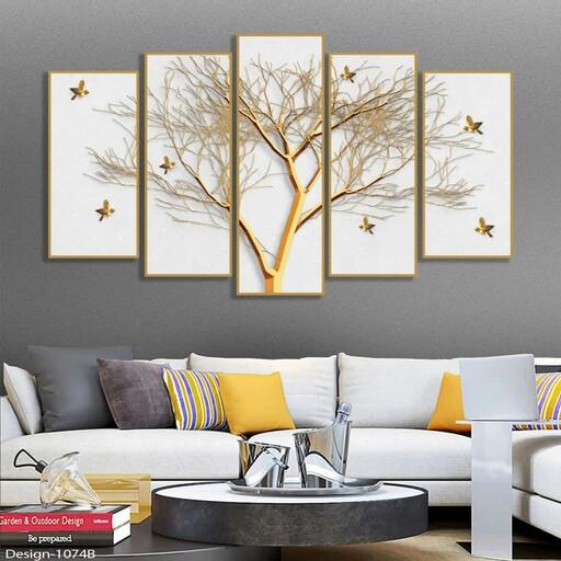 تابلو دکوراتیو درخت طلایی زمینه سفید 5تیکه سایز ی عدد 30در80 دو عدد 30در70 دو عدد 30در60