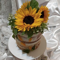 کیک خامه ای عریان دیزاین شده با گل طبیعی و فلینگ جذاب شکلات فندقی خلال پسته بادام و موز(یک کیلو و پانصد گرمی)