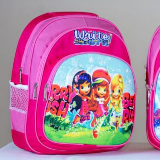 کیف مدرسه ای دخترانه رنگ صورتی 3 زیپ طرح دختر توت فرنگی(توت فرنگی کوچولو)