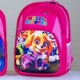 کیف مدرسه دخترانه 4 زیپ رنگ صورتی طرح سگ های نگهبان
