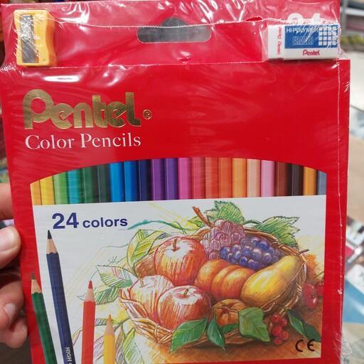 مداد رنگی 24 رنگ جعبه مقوایی پنتل 6 وجهی به همراه یک پاکن و یک تراش 