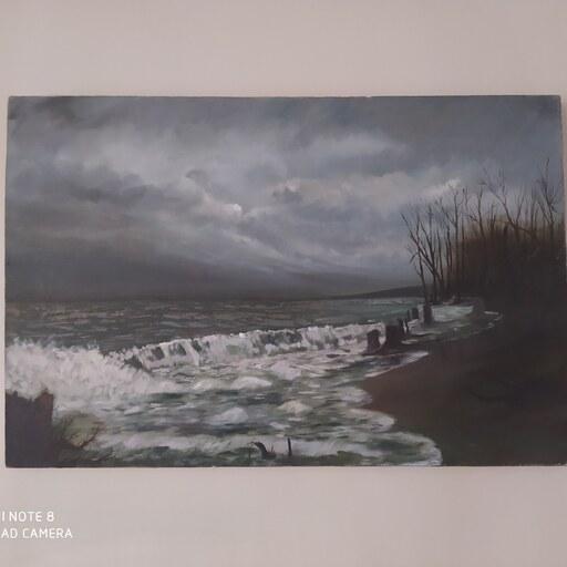 تابلو نقاشی رنگ روغن طرح ساحل و دریای طوفانی ،ابعاد40در60