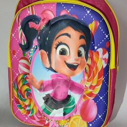 کیف مدرسه دخترانه با پشتی طبی و عکس برجسته همراه با جاقمقمه رنگ صورتی ارتفاع38cm