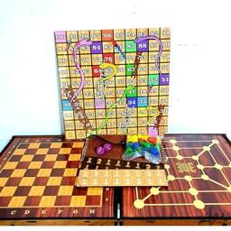 بازی فکری شطرنج چوبی منچ چوبی مارپله چوبی و 7 بازی چوبی در یک بسته کیف چرم  منچ و ماروپله دوز  