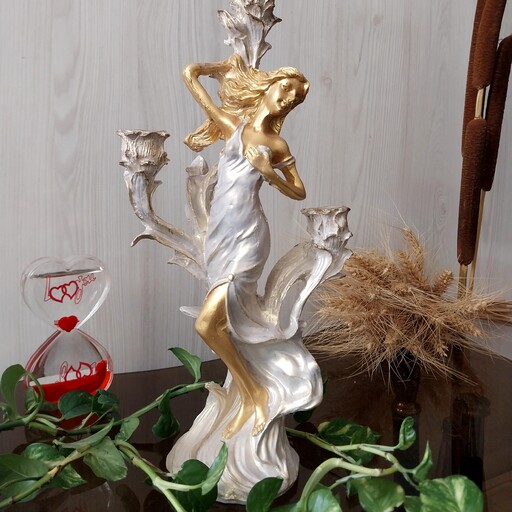 مجسمه پتینه دکوری شمعدان فرشته رومیزی جنس پلی استر رنگ صدفی طلایی