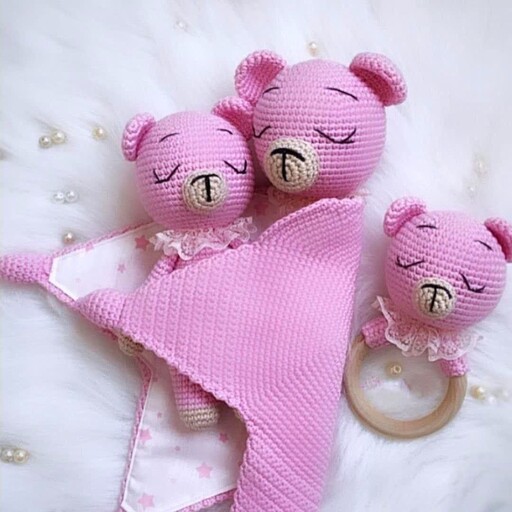 ست عروسک، عروسک آغوشی و جغجغه نوزادی مناسب سیسمونی و هدیه طرح خرس