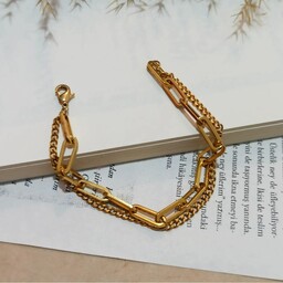 دستبند دولاین زنجیری جنس استیل رنگ ثابت طلایی زنانه اسپرت (لاوین گالری)