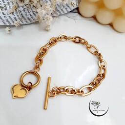 دستبند زنجیری استیل زنانه با آویز قلب و قفل تی (لاوین گالری)