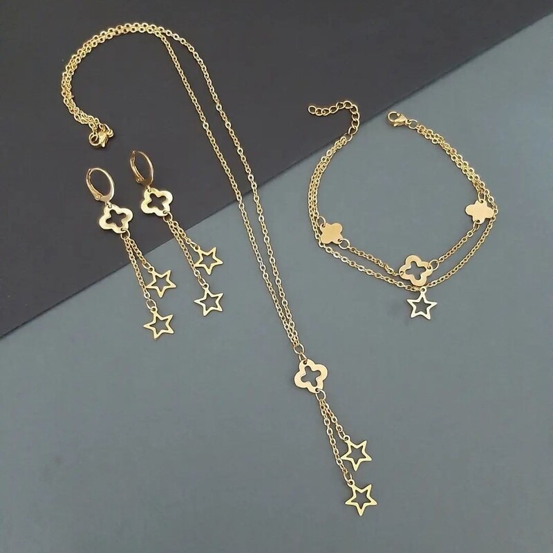 سرویس گردنبند دستبند گوشواره زنجیری آویز ونکلیف و ستاره ترکیبی ظریف جنس استیل زنانه(لاوین گالری)