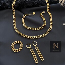 سرویس استیل گردنبند و دستبند و انگشتر و گوشواره کارتیر  اسپرت طلایی رنگ ثابت (لاوین گالری)